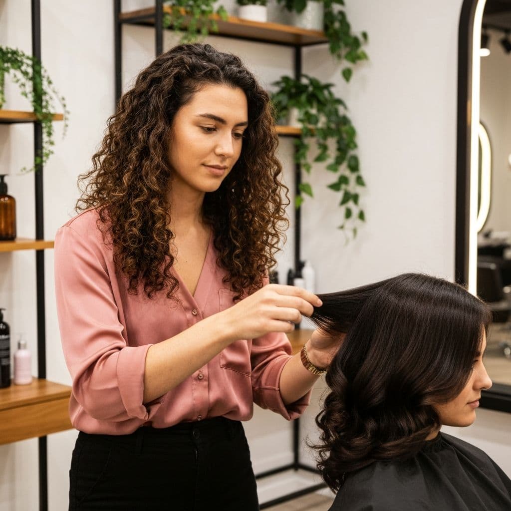 Professional salon interior with stylist and client